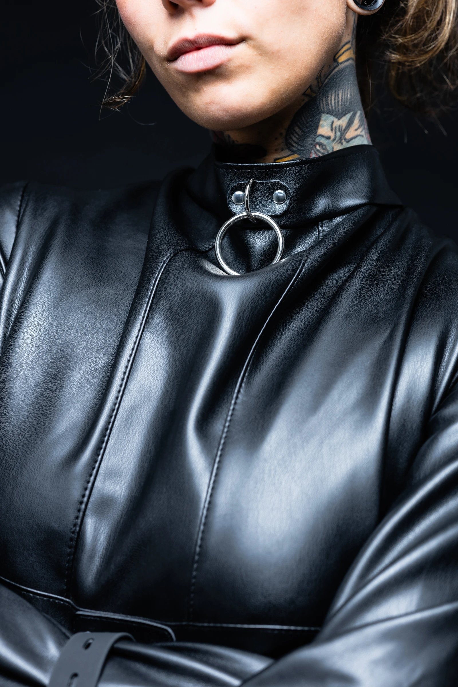 Close front portrait of the black Asylum Adventurer showing its collar and crossed sleeves.